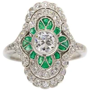 Art Deco Style Lab Created Diamond Green Emerald Wedding Ring 14K White Gold FN - Picture 1 of 13