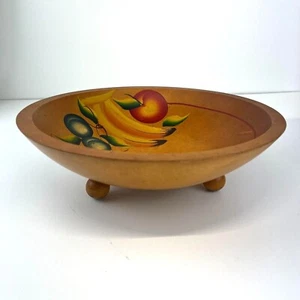 Wooden Vintage Hand Painted Fruit Folk Wooden Footed Bowl 10" - Picture 1 of 9