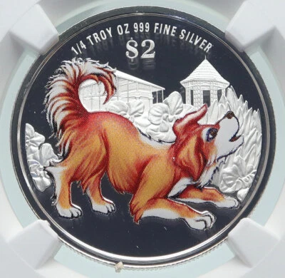 Moneda de 2 dólares de plata a prueba de perro color astrología serie lunar de Singapur 2018 NGC i86641 Foto 1 de 4