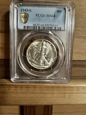 1943-S Walking Liberty Silver Half Dollar Brilliant MS64 PCGS GOLD SHIELD - Image 1 of 3