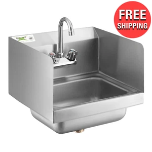 Fregadero de mano comercial montado en la pared con grifo de cuello de cisne y salpicaduras laterales 17" x 15" - Imagen 1 de 6