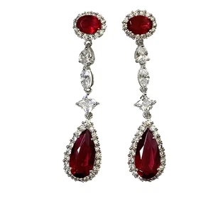 Art Deco Red CZ Halo Long Pear Solitaire Teardrop Dangle Chandelier Earrings - Picture 1 of 4