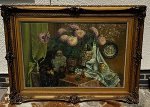 Original großes Öl auf Leinwand chinesisches antikes Porzellan von A.Drijvers 1944 150 cm - Bild 1 von 23
