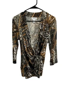 Carmen Marc Valvo 3/4 Sleeve Wrap Top Brown Black Sz Large Chain Animal Print - Picture 1 of 10