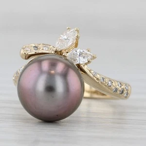 Anello In Oro Giallo 14k Con Diamanti E Perla Nera Coltivata 0.26ctw Taglia 4 - Foto 1 di 11