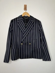 Victoria Beckham Double-Breasted Navy White Pin Stripe Blazer Size 6 Cotton Wool - Picture 1 of 5