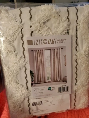 Однопанельная занавеска INK+IVY Imani белый/темно-синий хлопок 50 дюймов W x 95 дюймов  Новый богемное - Изображение 1 из 4