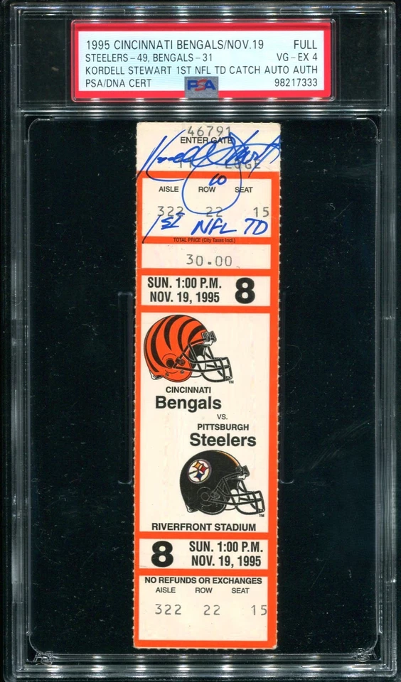 Steelers Bengals Kordell Stewart 1995 primer boleto de la NFL TD completo PSA 4 automático POP 1 Foto 1 de 2