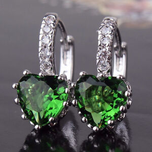 REAL 18CT White Gold Filled Emerald Green Heart Earrings for Birthday Gift 