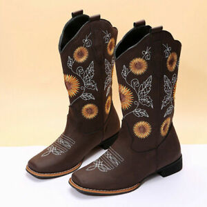 Womens Retro Square Toe Mid Calf Embr Sunflower Pu Leather Western Cowgirl Boots