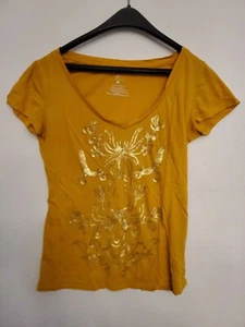 Womens Graphic Tshirt Mustard Sequin Top V-Neck Blouse NY & Co Size XS - Picture 1 of 5