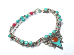 Tibetan Turquoise Coral Gemstone Handmade Nepali Necklace Jewelry Size 18 Inches - Picture 1 of 4
