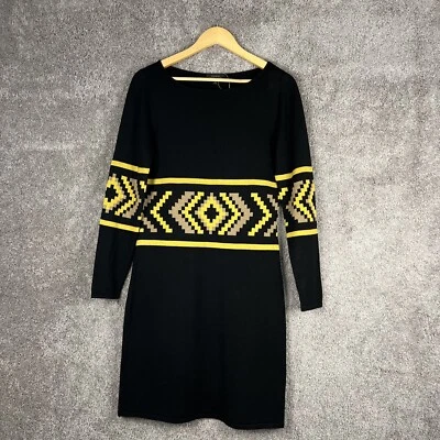 Vestido Suéter Tahari Para Mujer Mediano Negro Estampado Geo Mangas 3/4 Cuello Redondo Foto 1 de 4