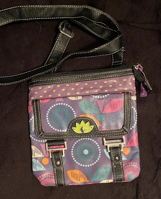 Lily Bloom Flower Small Crossbody Purse Bag Nylon Mountains Purple Pink Blue - Image 1 of 4