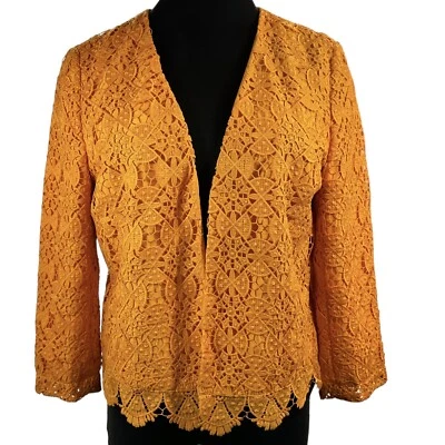 Ann Taylor Factory Goldenrod Yellow Orange Lace Crochet Open Blazer sz 12 - Image 1 of 4