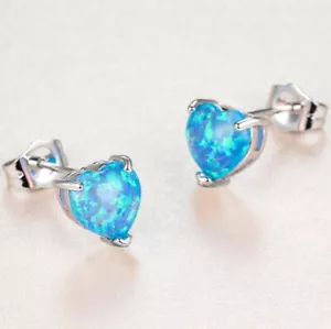 Classic Heart Cut Blue Fire Opal Gemstone 925 Sterling Silver Stud Earrings - Picture 1 of 6