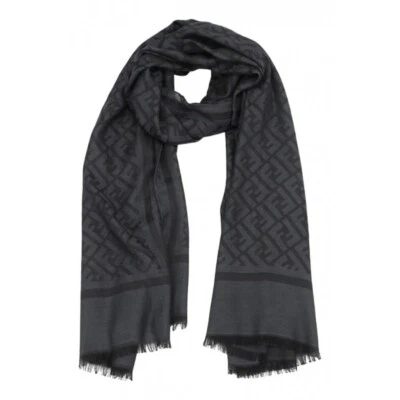 Fendi Negro Azul FF Zucca Monograma Logo Seda Flecos Dobladillo Envoltura Chal Estola Bufanda Foto 1 de 4