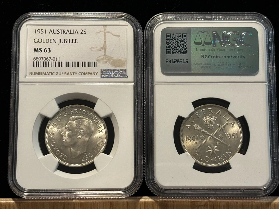 AUSTRALIA 1 Florin 1951, NGC MS 63 Choice UNC / BU, Golden Jubilee, Silver. D1 - Image 1 of 1