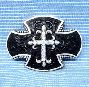 Western Cross Belt Buckle Religious Leather Inlay Rhinestones Vtg 90s .TYC289 - Picture 1 of 7
