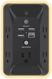 Black Outlet Extender Night Light HANYCONY Multi Plug Outlet,USB Wall Charger - Picture 1 of 12