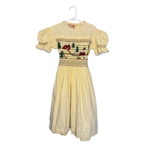 Vintage Handmade Smocked Dress Yellow Farm Scene Girls Kids Dress - Picture 1 of 8