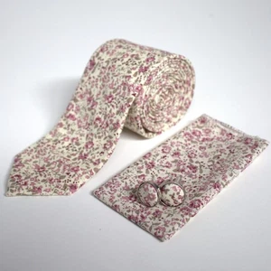 Hochwertige Vintage rosa Blumen Baumwolle Krawatte Set Einstecktuch & Manschettenknopf Hochzeit - Bild 1 von 4