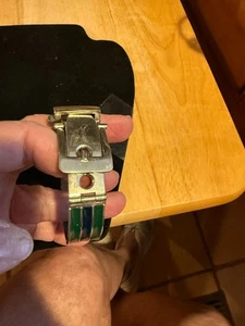 Belt Buckle Bangle GREEN NAVY  Enamel Stripe SILVER TONE 2 1/4"D - Picture 1 of 5