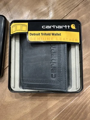 CARHARTT DETROIT BLACK / GRAY TRIFOLD WALLET in TIN Rugged Leather NEW  - Image 1 of 4