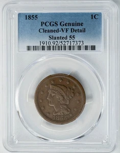 1855 Large Cent 1c Slanted 55 VF Detail PCGS - Picture 1 of 3