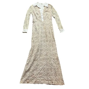 Vintage Dan Lee Women’s 12 Crochet Maxi Dress Long Sleeve Cream Peach FLAWS - Picture 1 of 14