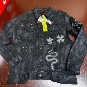 Smoke Rise Mens Black Distressed Long Sleeve Super Stretch Denim Biker Jacket - Picture 1 of 7