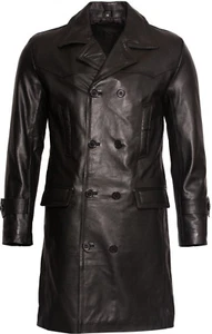 Mens Classic Black Uboat German Naval Military Peacoat Cowhide Leather Jacket - Picture 1 of 4