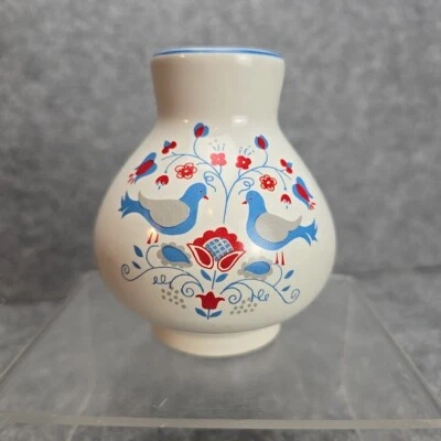 Vintage Blue Love Birds Red Floral Scandinavian Art Ceramic Bulb Small Bud Vase - Image 1 of 4