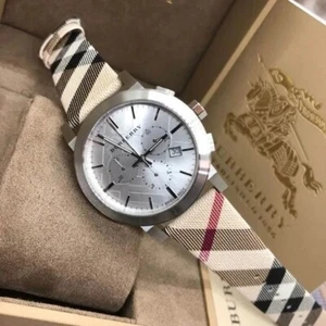 BURBERRY BU9357 MENS WATCH MULTICOLOUR LEATHER FABRIC STRAP WITH SILVER DIAL - Picture 1 of 6