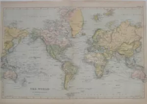 Original 1891 Map WORLD ON MERCATOR'S PROJECTION Steamship Routes & Distances - Picture 1 of 11