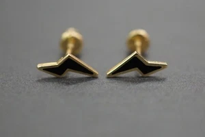14K Solid Yellow Gold Lightning Bolt Thunder Black Enamel Screw Back Earrings - Picture 1 of 6