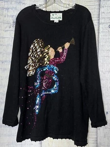 Quacker Factory Embroidered Sequin Rhinestone Christmas Angel Knit Top 1X - Picture 1 of 2