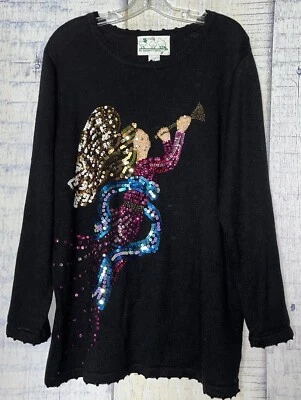 Quacker Factory Embroidered Sequin Rhinestone Christmas Angel Knit Top 1X - Image 1 of 2