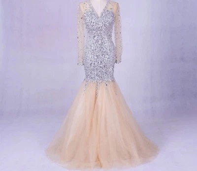 UK Champagne Mermaid Crystal Long Sleeve  Evening Prom Dresses Crystal Size 6 - Image 1 of 4