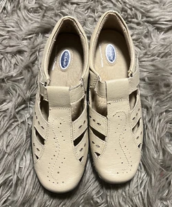 Dr Scholl's Size 5.5 Double Air Pillo Beige Leather Adjustable T-Strap Women's - Picture 1 of 5
