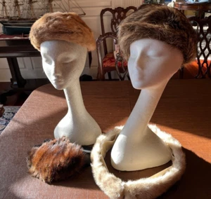 Two vintage women's fur caps, hats. One fur collar, one fur scrap. Brown Blonde. - Picture 1 of 19