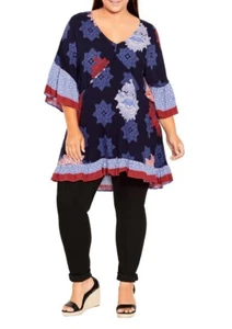 New Evans Navy Multi Colour Contrast Decal Flare Retro Tunic Top Plus Size 20 - Picture 1 of 2