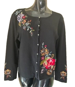 PECK & PECK black floral embroidered cardigan sweater silk blend sz XL - Picture 1 of 6
