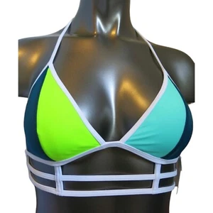 Victoria's Secret PINK Teal Yellow Seafoam Triangle Caged Halter Swim Top M - Picture 1 of 2