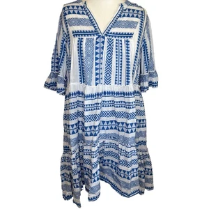 Women's F&F Size 22 Blue White Aztec Print 100% Cotton Tiered Smock Mini Dress - Picture 1 of 9
