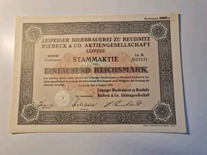 Leipziger Bierbrauerei zu Reudnitz Riebeck & Co. Aktiengesellschaft 1000 RM 1933 - Bild 1 von 1