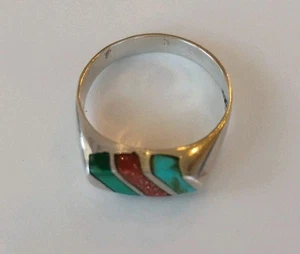 Mexiko 925 Silber Vintage Malachit, Türkis, Koralle Kanal Inlay Ring Gr. 9 (19 mm) - Bild 1 von 11