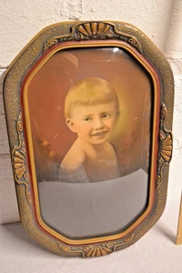 Antique Fancy Wood Convex Curved Bubble Glass Photo Portrait Frame Art 20x13" - Picture 1 of 11