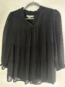 Monteau Black Blouse Women's XL Textured Dot Dobby Sheer Lined Short Sleeve vtg - Picture 1 of 9
