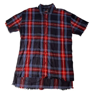 True Religion Shirt Men's M Button Down Raw Edge Slouch Red Blue Plaid Patriotic - Picture 1 of 11